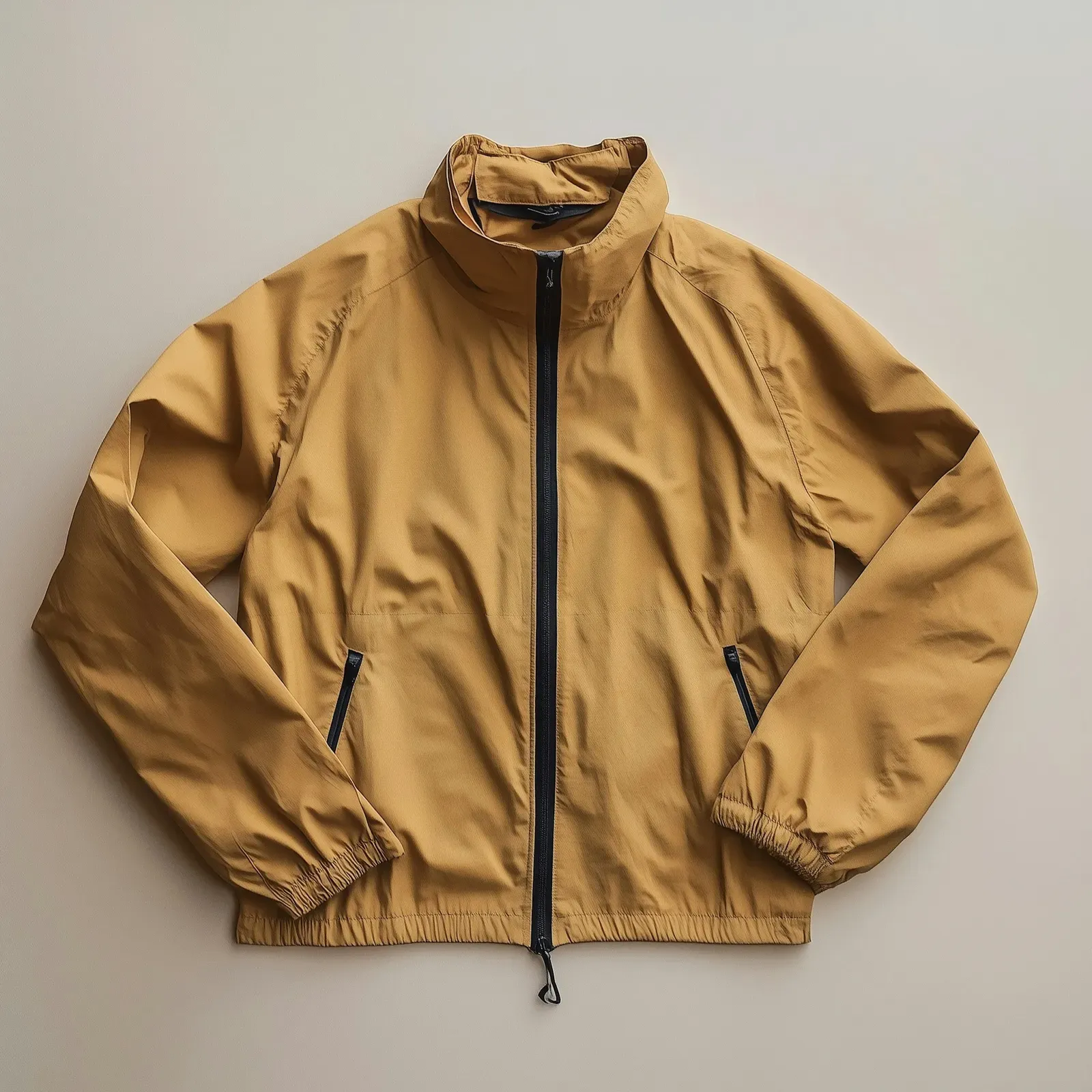 A tan crew jacket from the Apex uniform, photographed flat