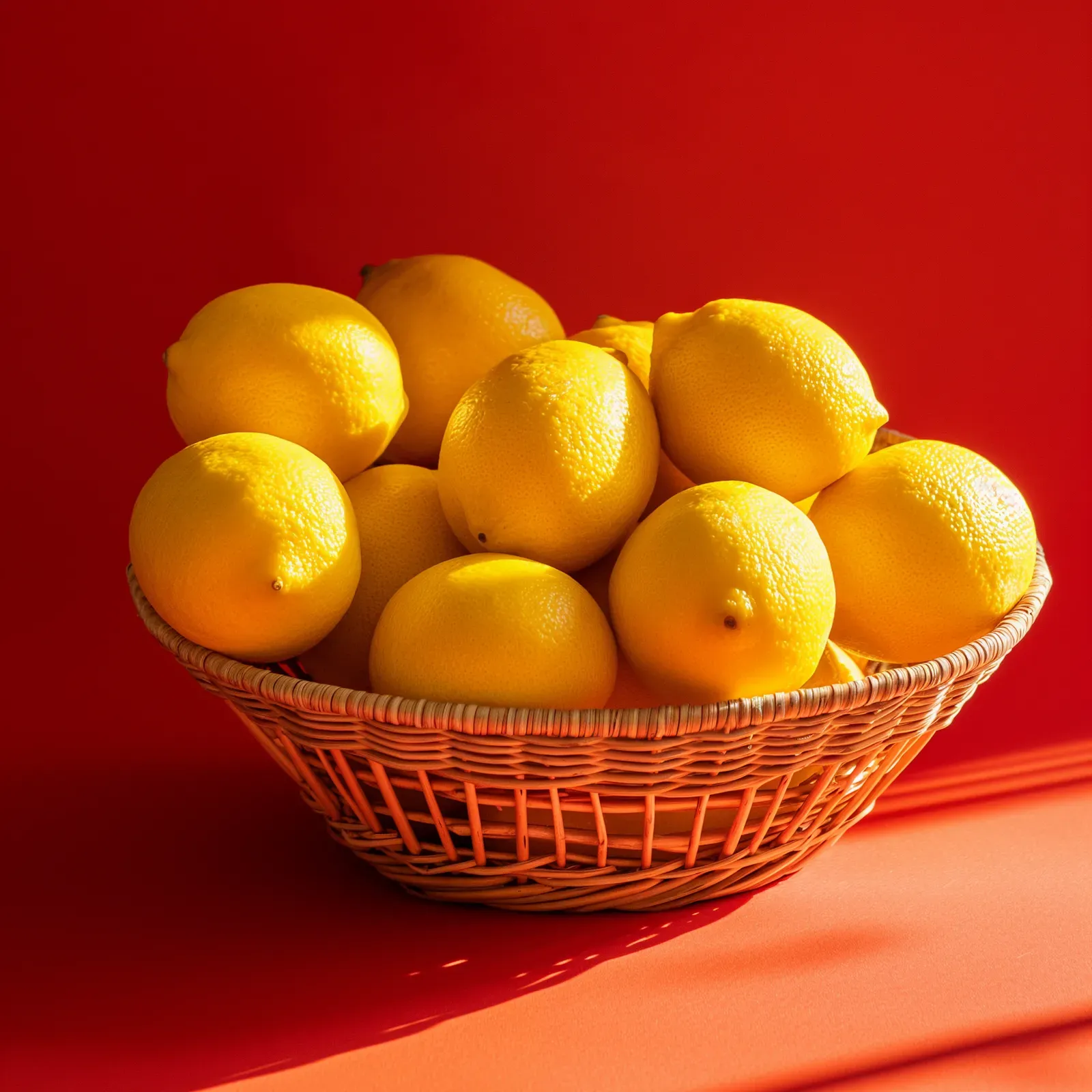 A basket of lemons on a red ground, from the flavour range art direction